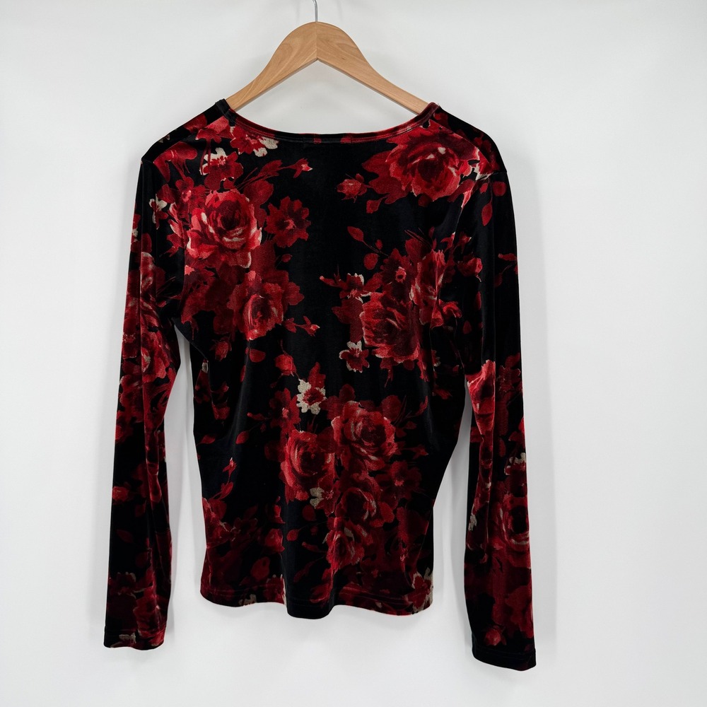 Karen Kane Y2K Long Sleeve Black/Red V-Neck Rose Velour Top Women's Sz XL - Picture 6 of 11